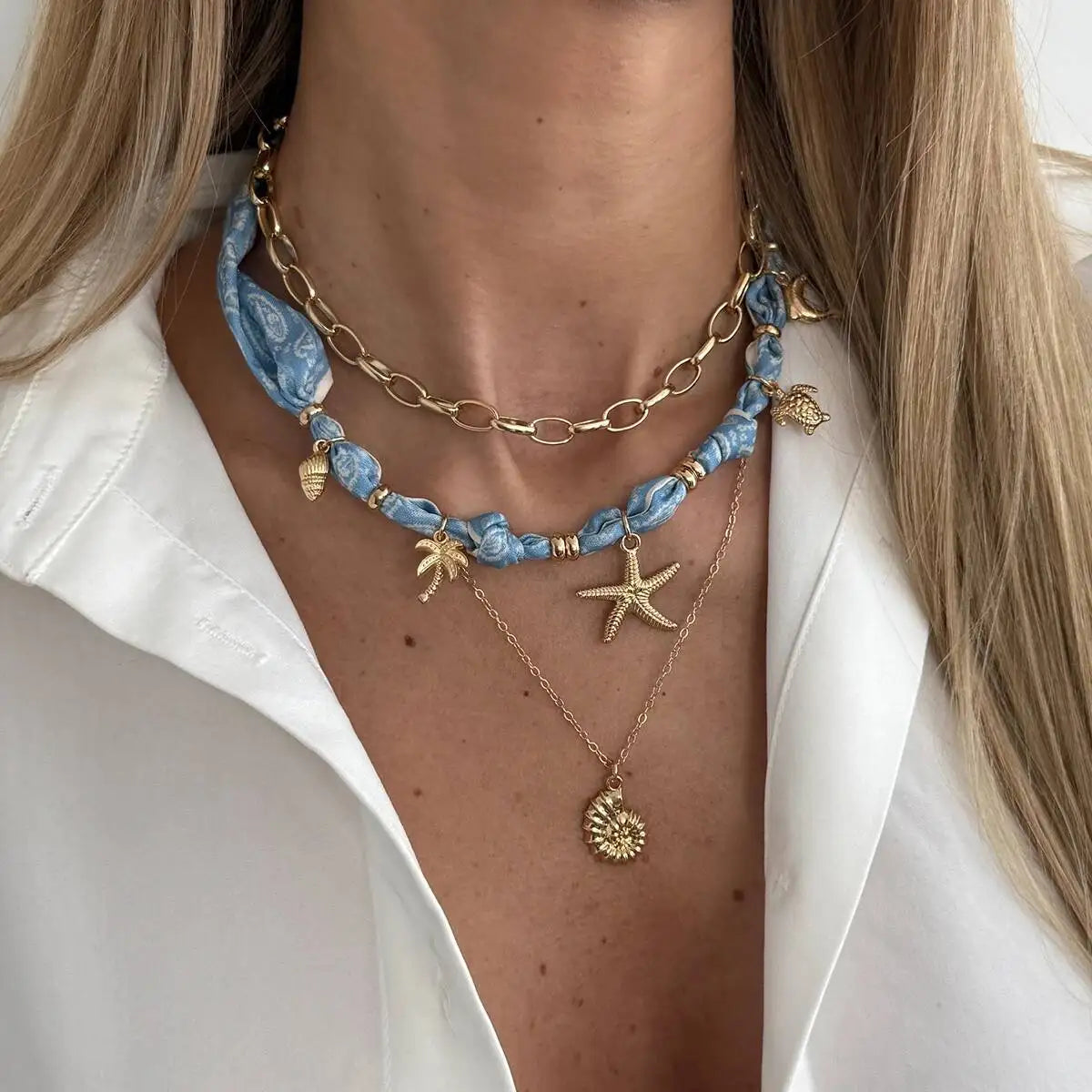 3 Pcs/Set Boho Blue Printed Fabric Necklace