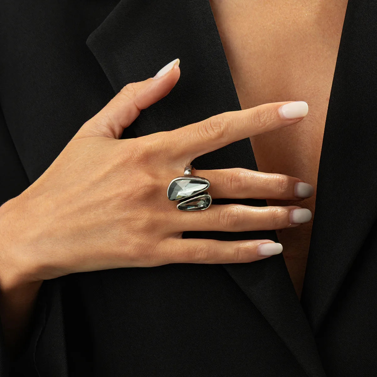 Adjustable Grey Crystal Geometric Ring Women Minimalist Design