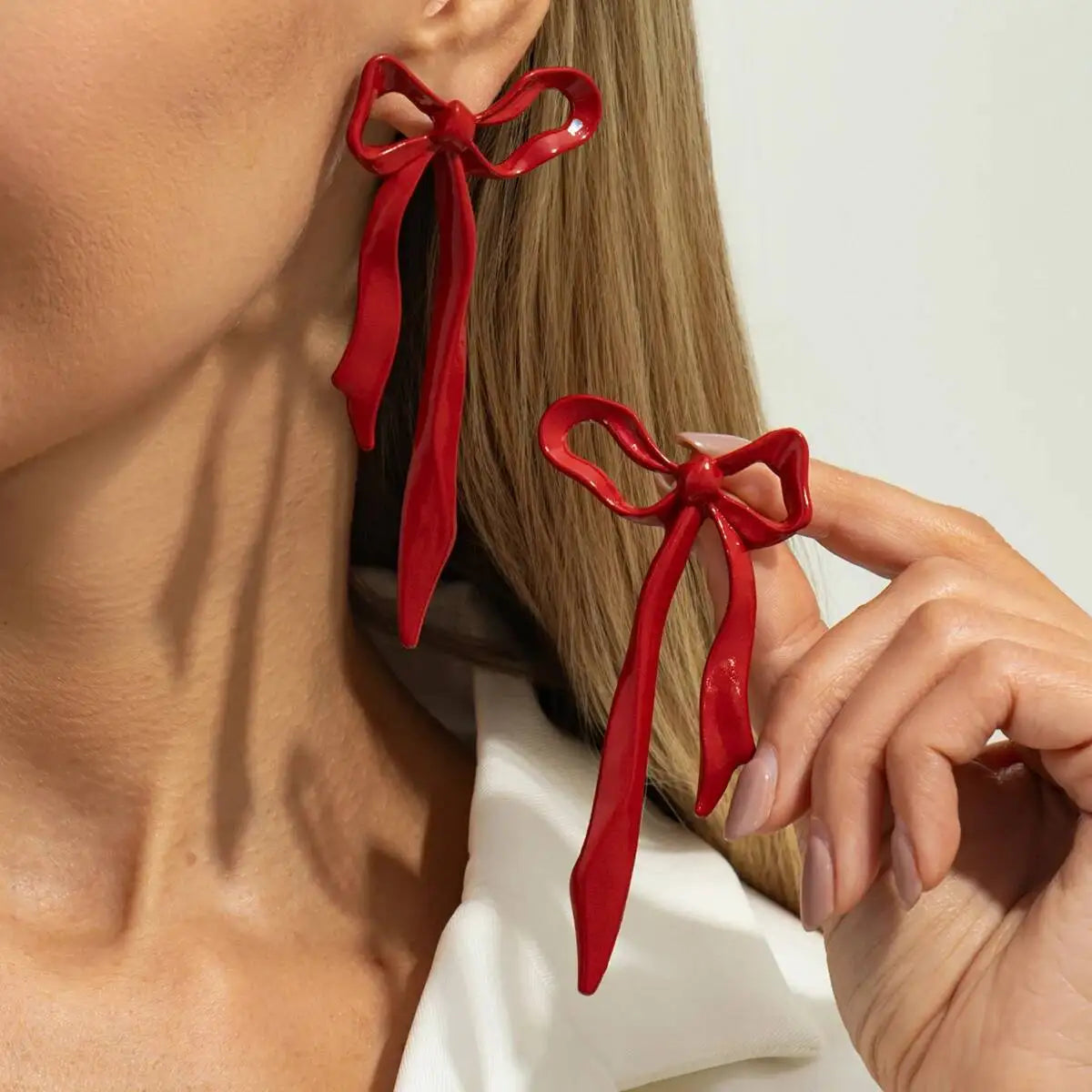 Metal Red Bowknot Drop Earrings