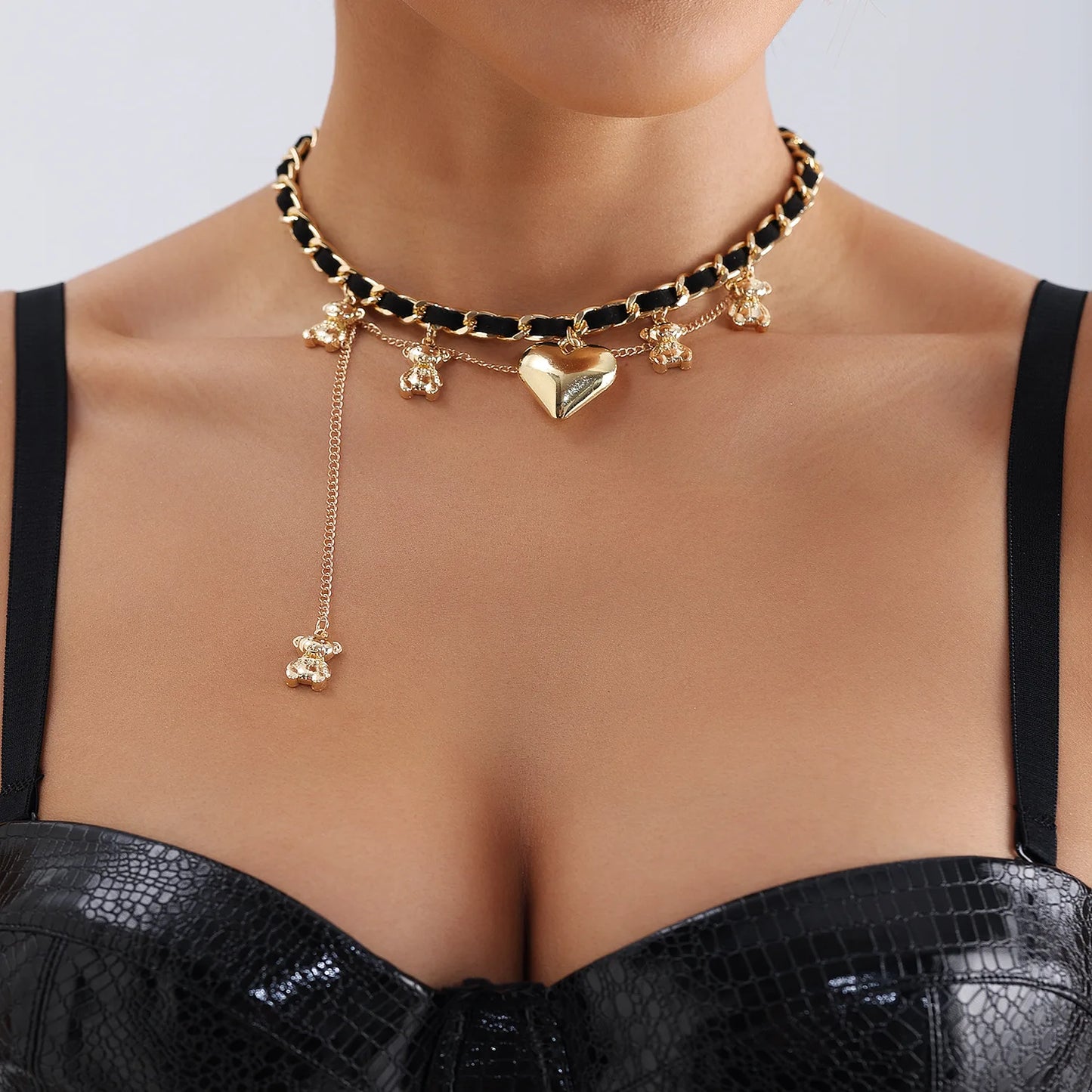 Velvet Teddy Bear Heart Tassel Pendant Necklace