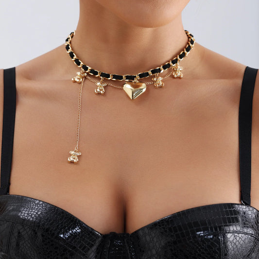 Velvet Teddy Bear Heart Tassel Pendant Necklace