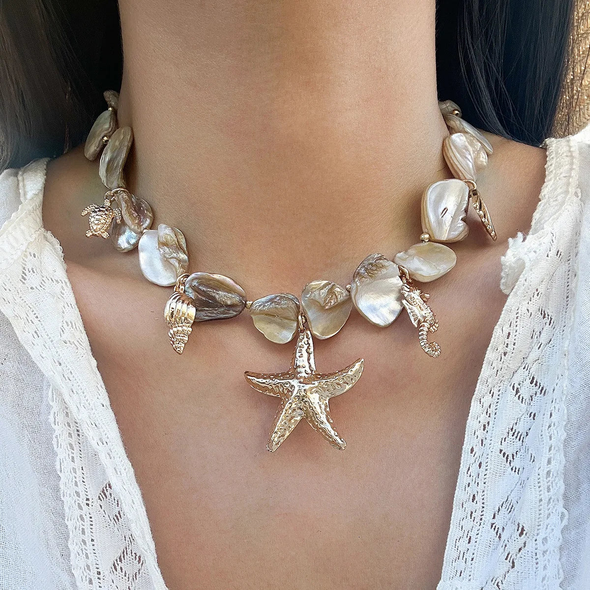 Starfish White Shell Conch Pendant Necklace