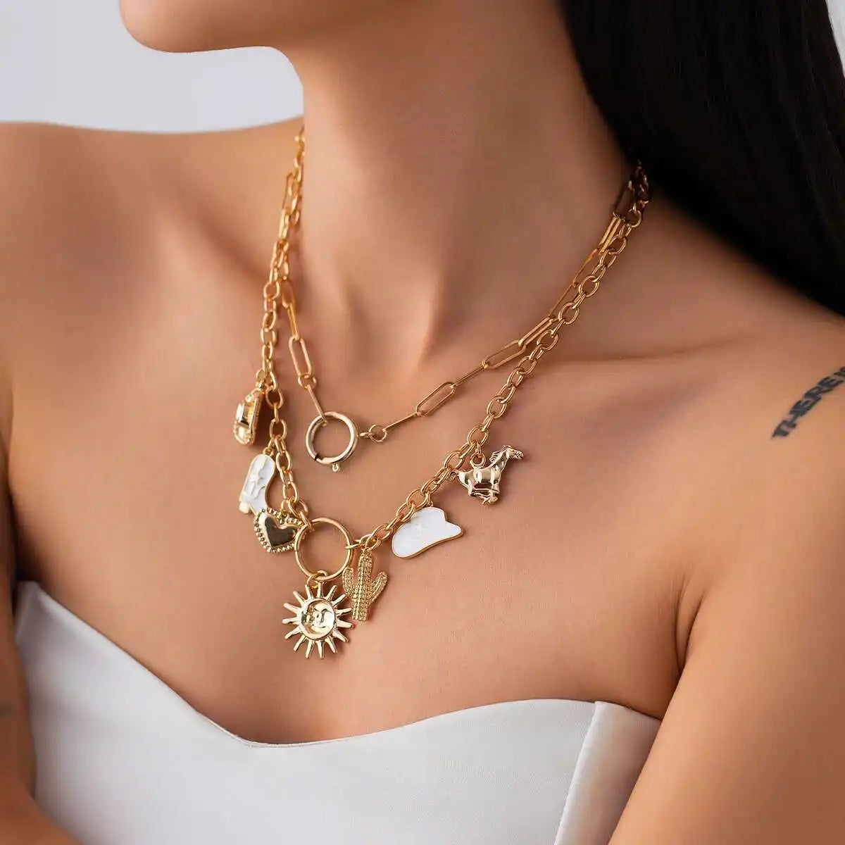 2Pcs/Set Vintage Cowboy Hat Cactus Love Heart Pendant Choker Necklace