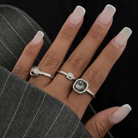 Adjustable Grey Crystal Geometric Ring Women Minimalist Design