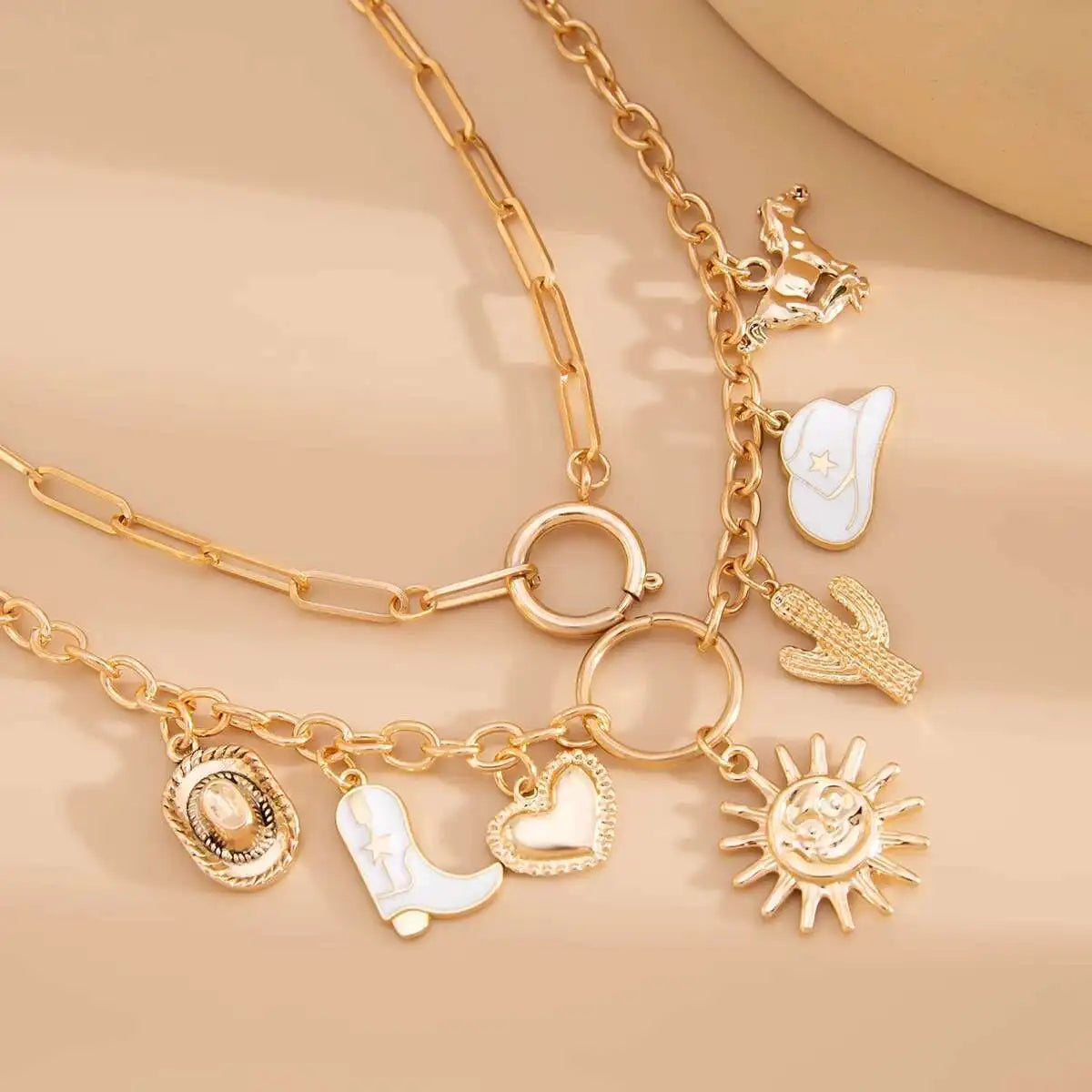 2Pcs/Set Vintage Cowboy Hat Cactus Love Heart Pendant Choker Necklace