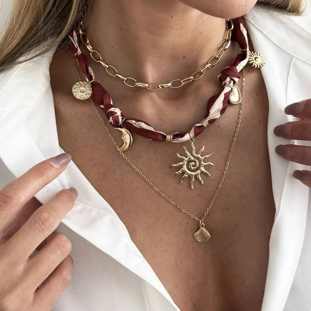 3 Pcs/Set Boho Gold Color Sun Moon Heart Pendant Necklace