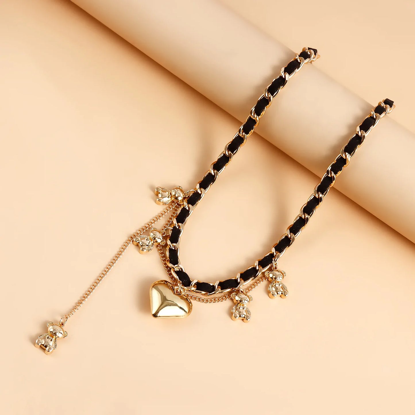 Velvet Teddy Bear Heart Tassel Pendant Necklace