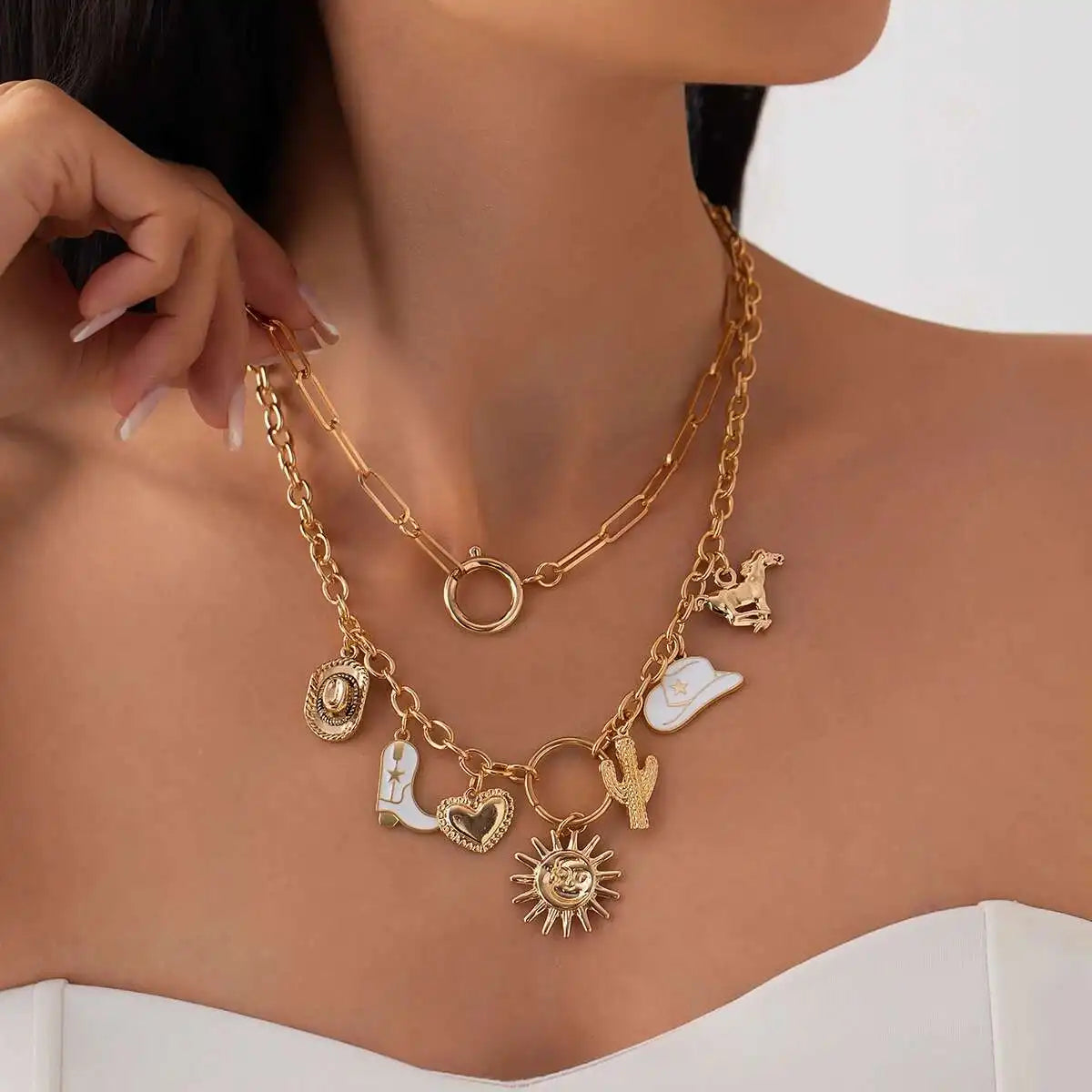 2Pcs/Set Vintage Cowboy Hat Cactus Love Heart Pendant Choker Necklace