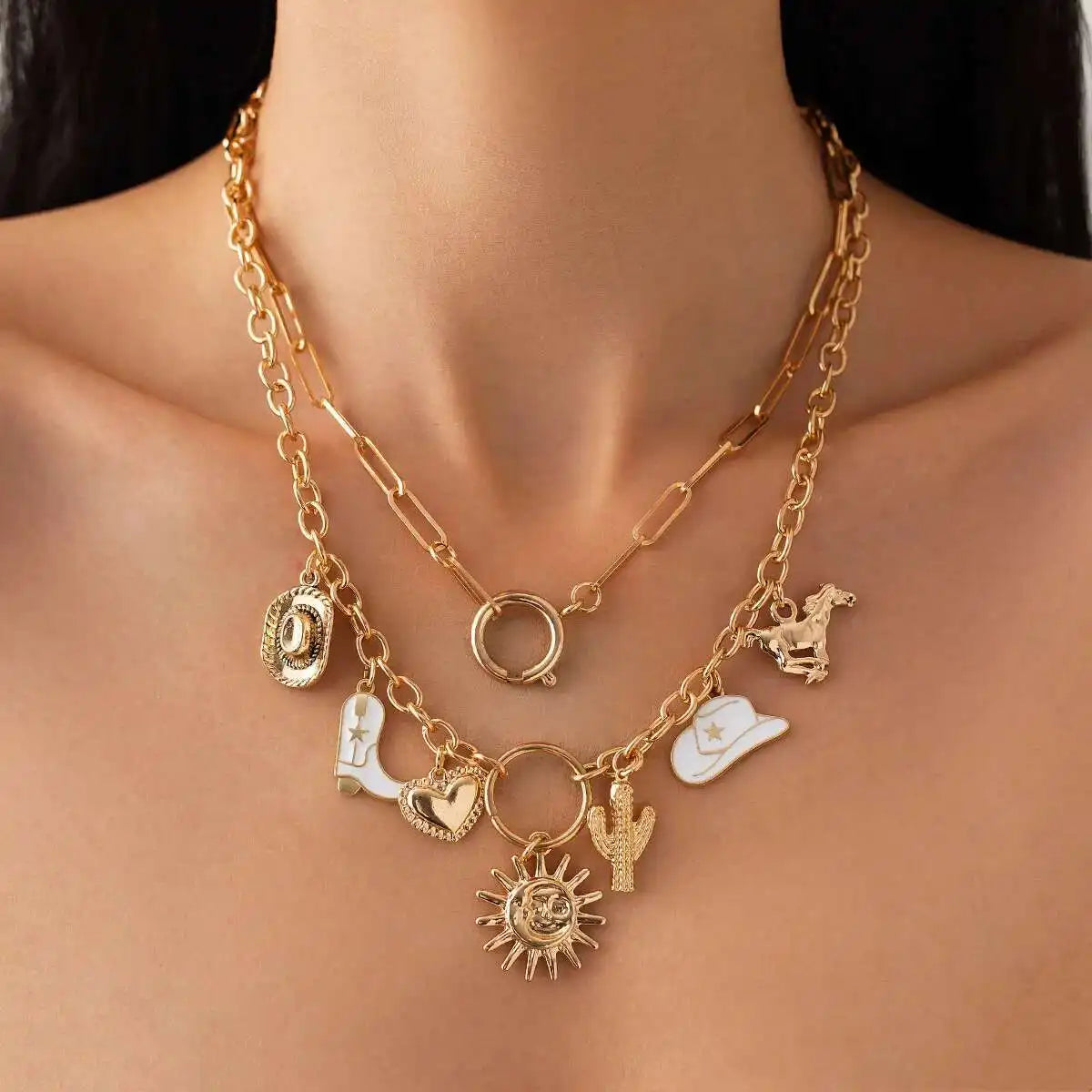 2Pcs/Set Vintage Cowboy Hat Cactus Love Heart Pendant Choker Necklace