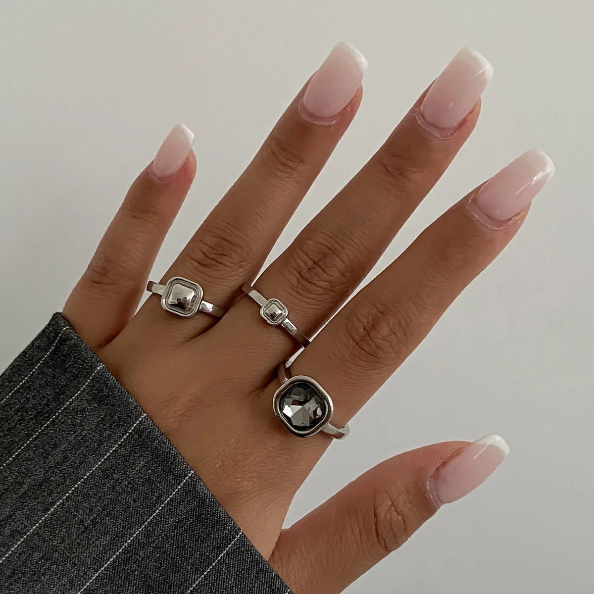 Adjustable Grey Crystal Geometric Ring Women Minimalist Design