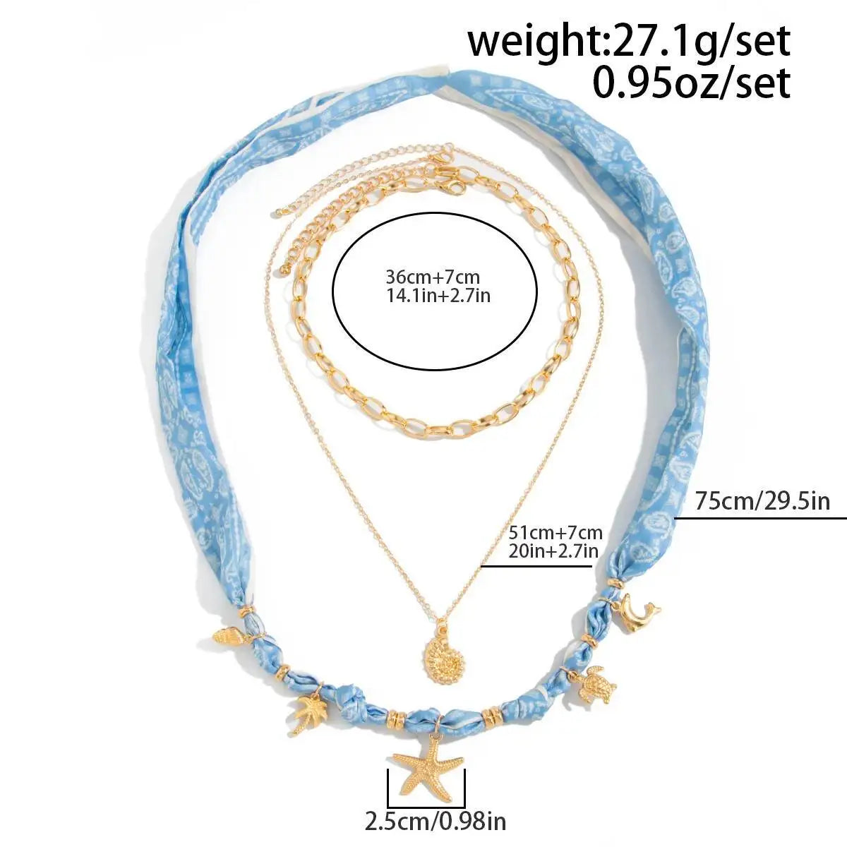 3 Pcs/Set Boho Blue Printed Fabric Necklace