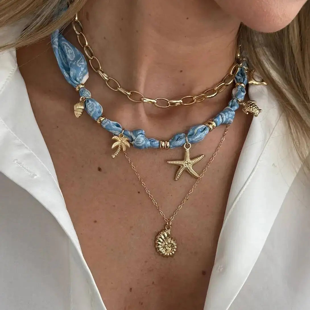 3 Pcs/Set Boho Blue Printed Fabric Necklace