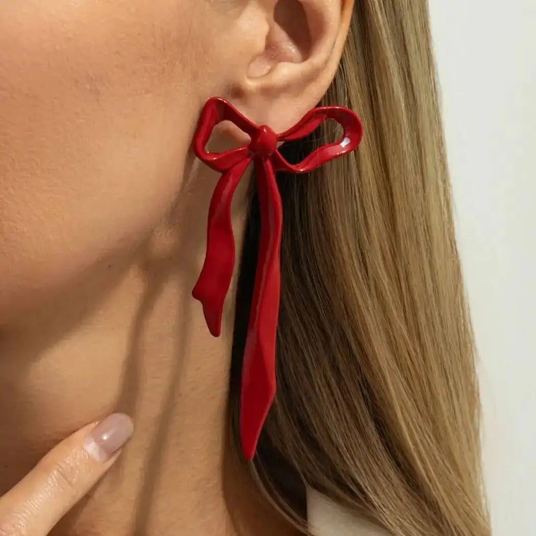 Metal Red Bowknot Drop Earrings