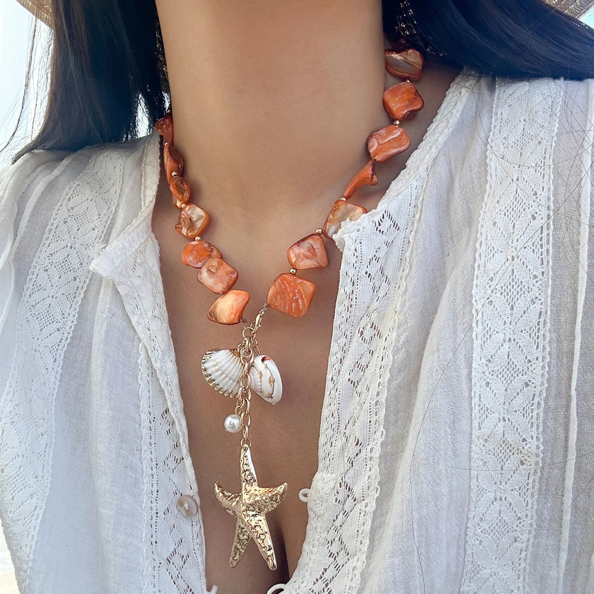 Starfish White Shell Conch Pendant Necklace