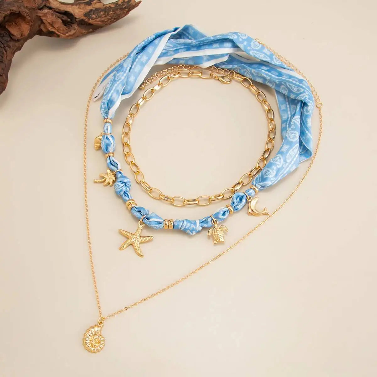 3 Pcs/Set Boho Blue Printed Fabric Necklace