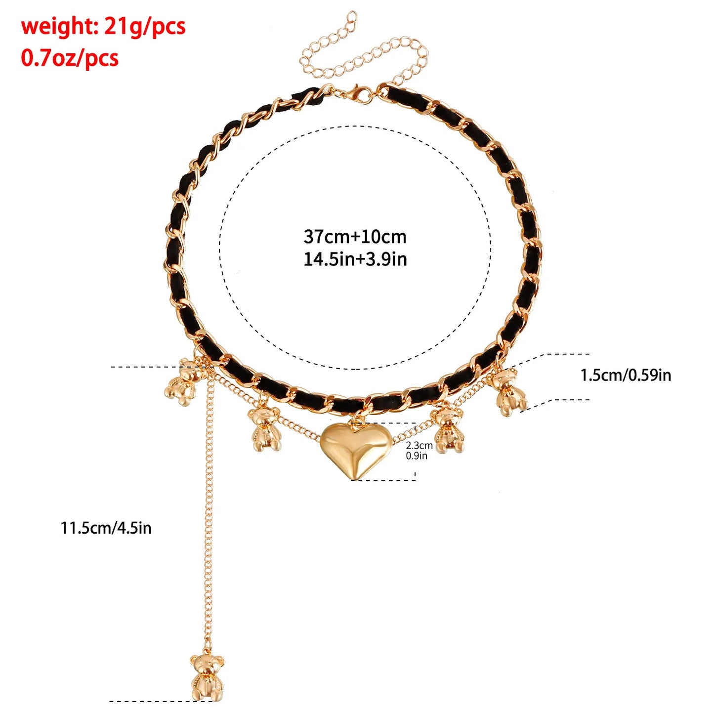 Velvet Teddy Bear Heart Tassel Pendant Necklace